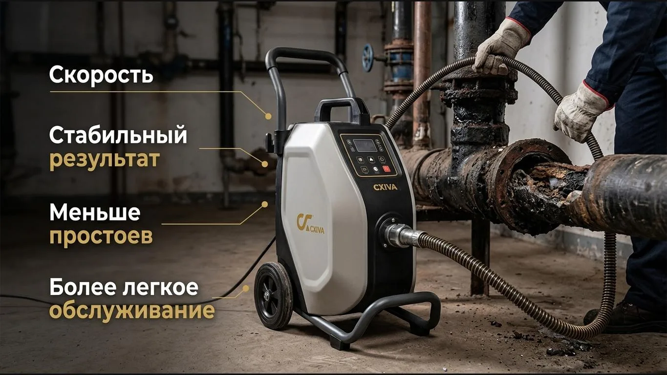Машины для прочистки труб в рабочем процессе